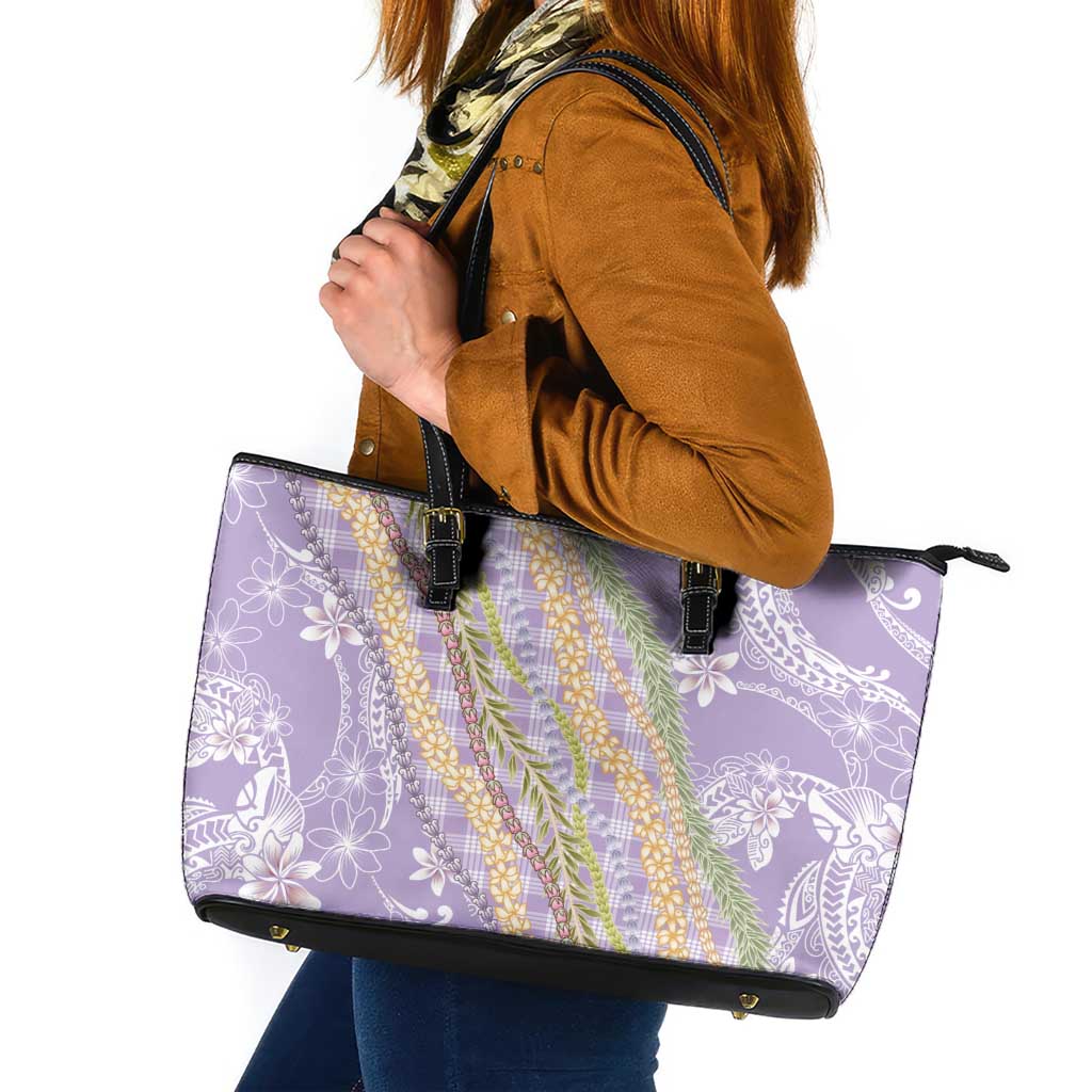 Purple Palaka Hawaii Leis Leather Tote Bag Hawaiian-plaid Elegant Tropical Vibes - Polynesian Pride