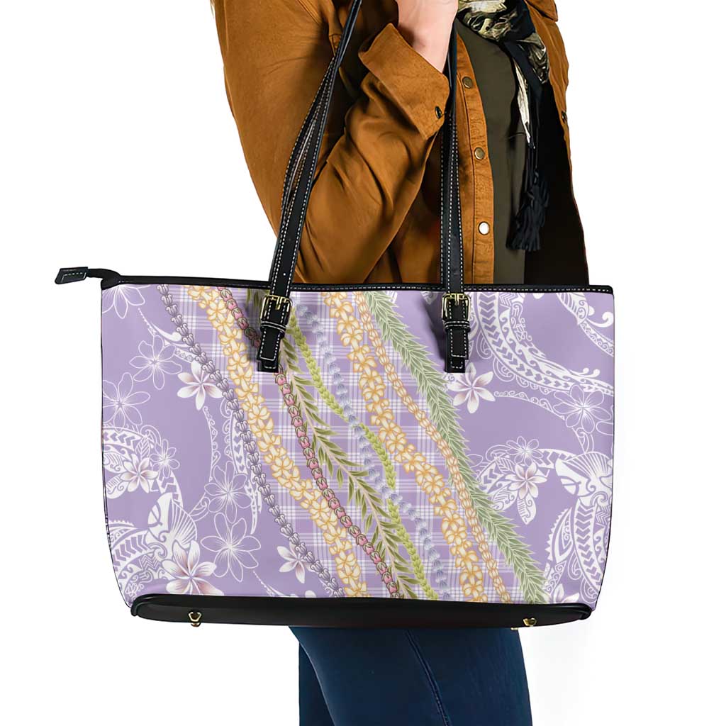Purple Palaka Hawaii Leis Leather Tote Bag Hawaiian-plaid Elegant Tropical Vibes - Polynesian Pride