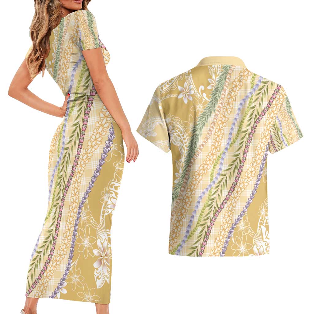 Yellow Palaka Hawaii Leis Couples Matching Short Sleeve Bodycon Dress and Hawaiian Shirt Hawaiian-plaid Elegant Tropical Vibes - Polynesian Pride
