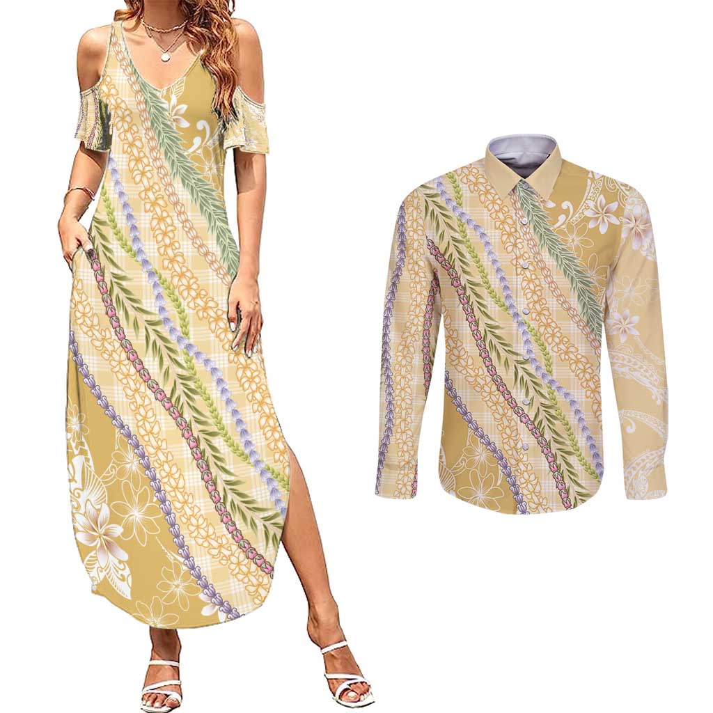 Yellow Palaka Hawaii Leis Couples Matching Summer Maxi Dress and Long Sleeve Button Shirt Hawaiian-plaid Elegant Tropical Vibes - Polynesian Pride