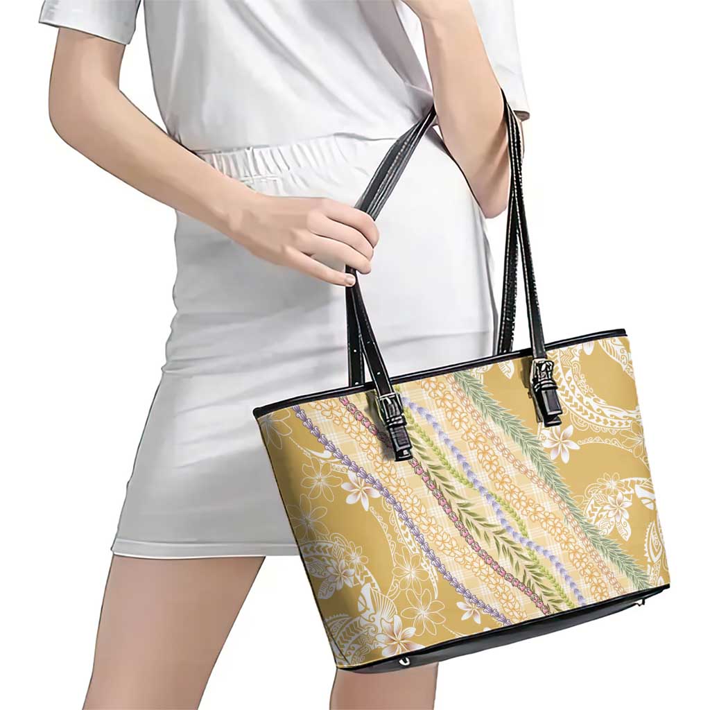 Yellow Palaka Hawaii Leis Leather Tote Bag Hawaiian-plaid Elegant Tropical Vibes - Polynesian Pride