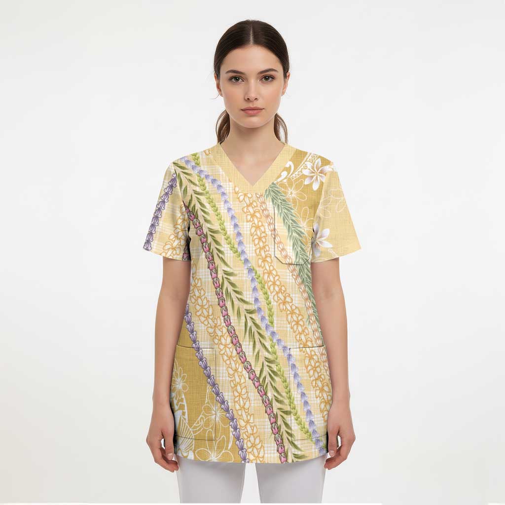 Yellow Palaka Hawaii Leis Scrub Top Hawaiian-plaid Elegant Tropical Vibes - Polynesian Pride