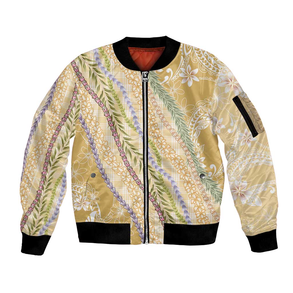 Yellow Palaka Hawaii Leis Sleeve Zip Bomber Jacket Hawaiian-plaid Elegant Tropical Vibes - Polynesian Pride
