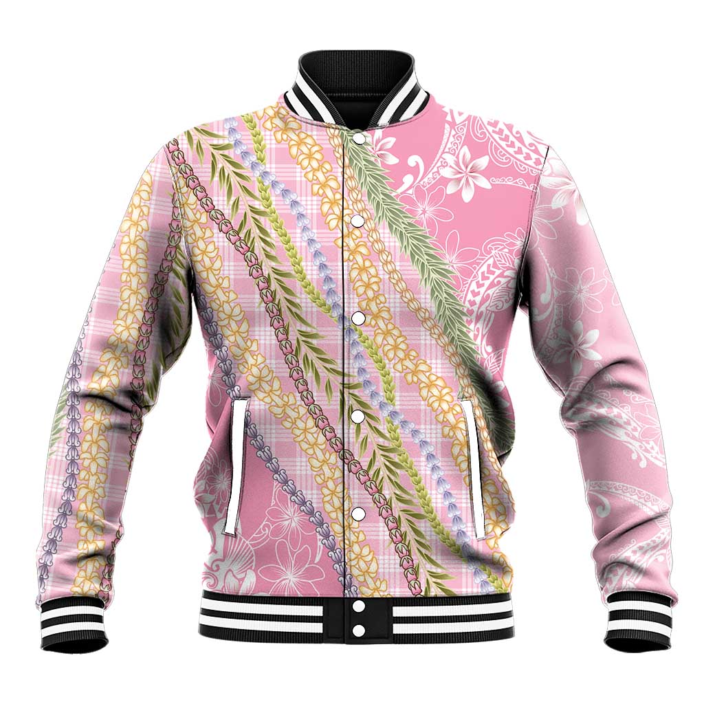 Pink Palaka Hawaii Leis Baseball Jacket Hawaiian-plaid Elegant Tropical Vibes - Polynesian Pride