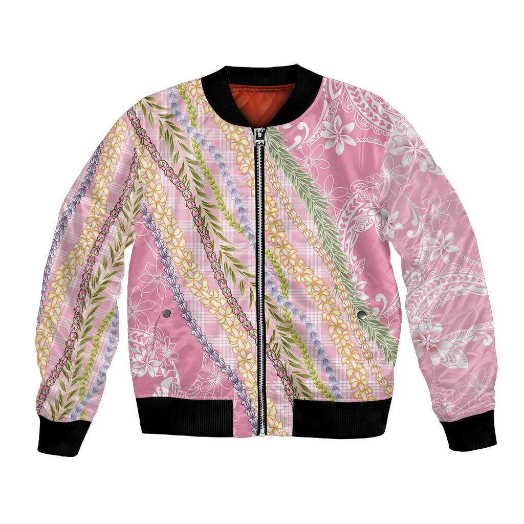 Pink Palaka Hawaii Leis Bomber Jacket Hawaiian-plaid Elegant Tropical Vibes - Polynesian Pride