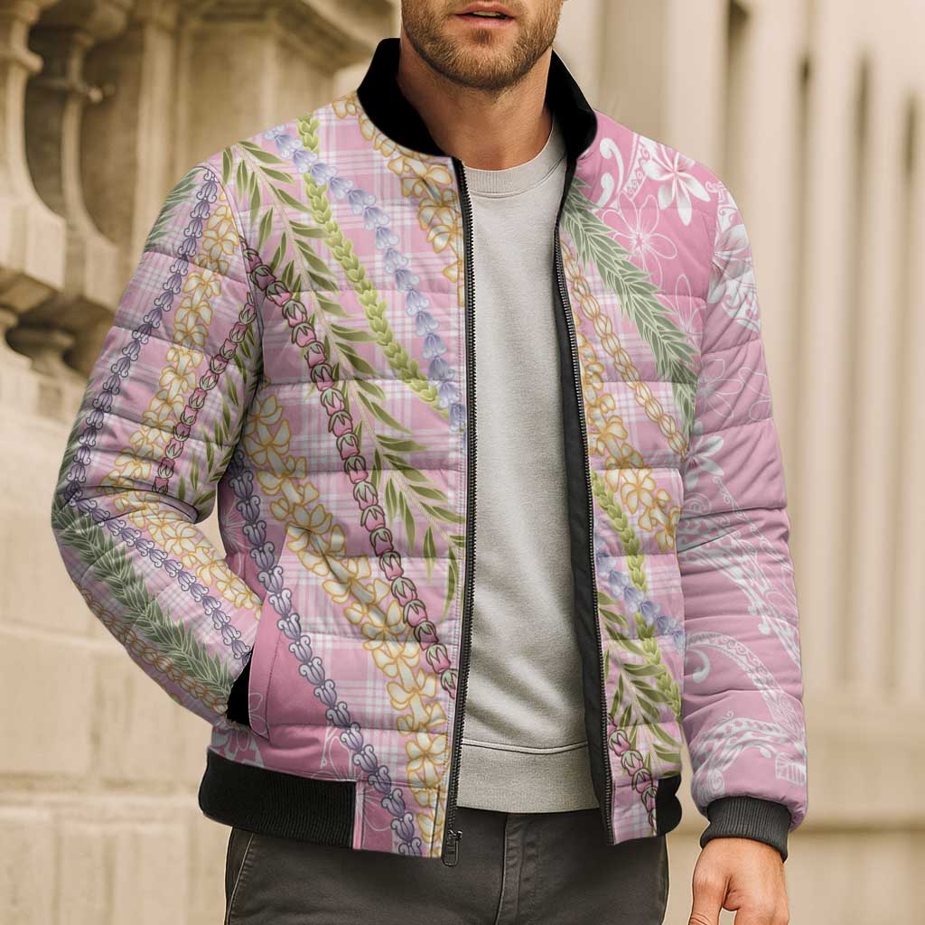 Pink Palaka Hawaii Leis Bomber Puffer Jacket Hawaiian-plaid Elegant Tropical Vibes - Polynesian Pride