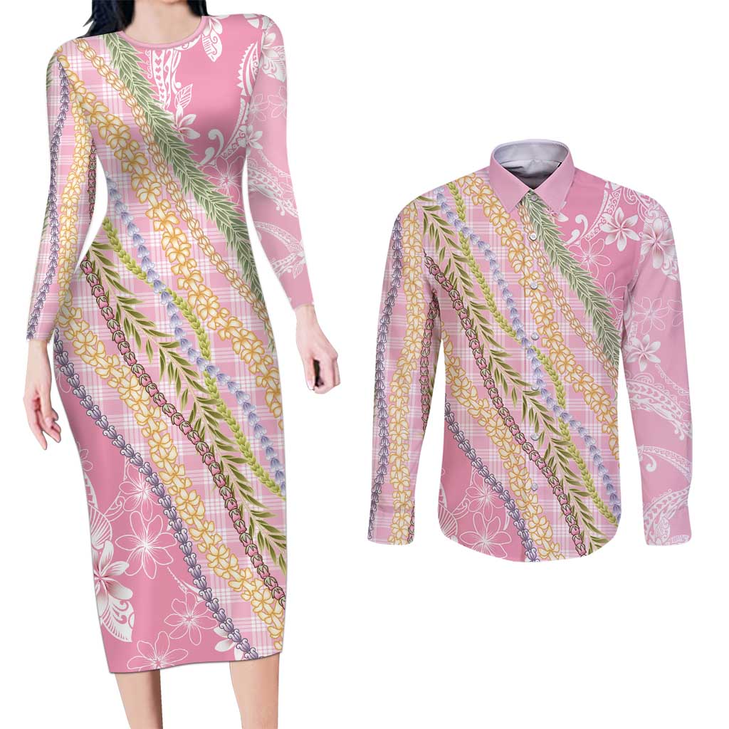 Pink Palaka Hawaii Leis Couples Matching Long Sleeve Bodycon Dress and Long Sleeve Button Shirt Hawaiian-plaid Elegant Tropical Vibes - Polynesian Pride