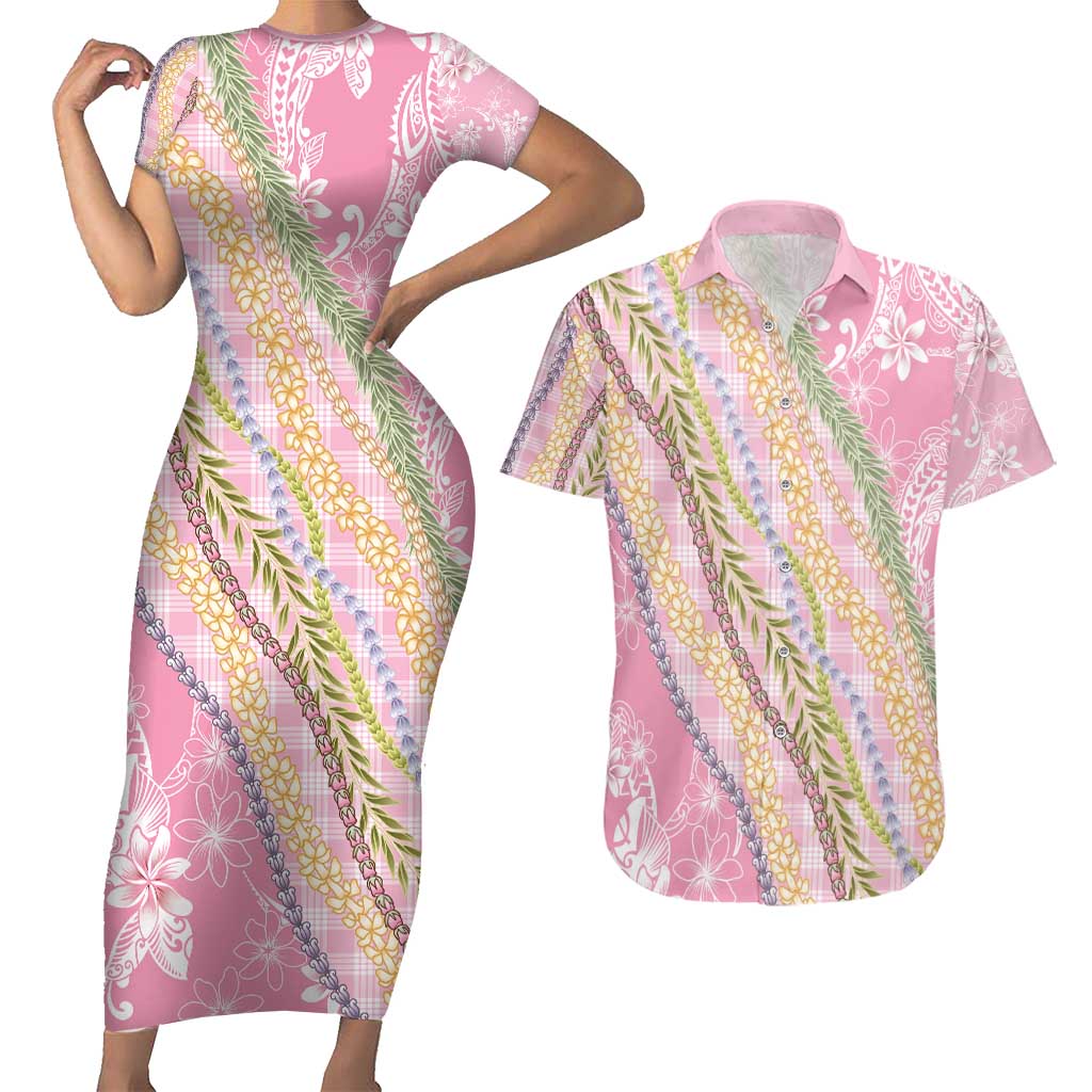Pink Palaka Hawaii Leis Couples Matching Short Sleeve Bodycon Dress and Hawaiian Shirt Hawaiian-plaid Elegant Tropical Vibes - Polynesian Pride