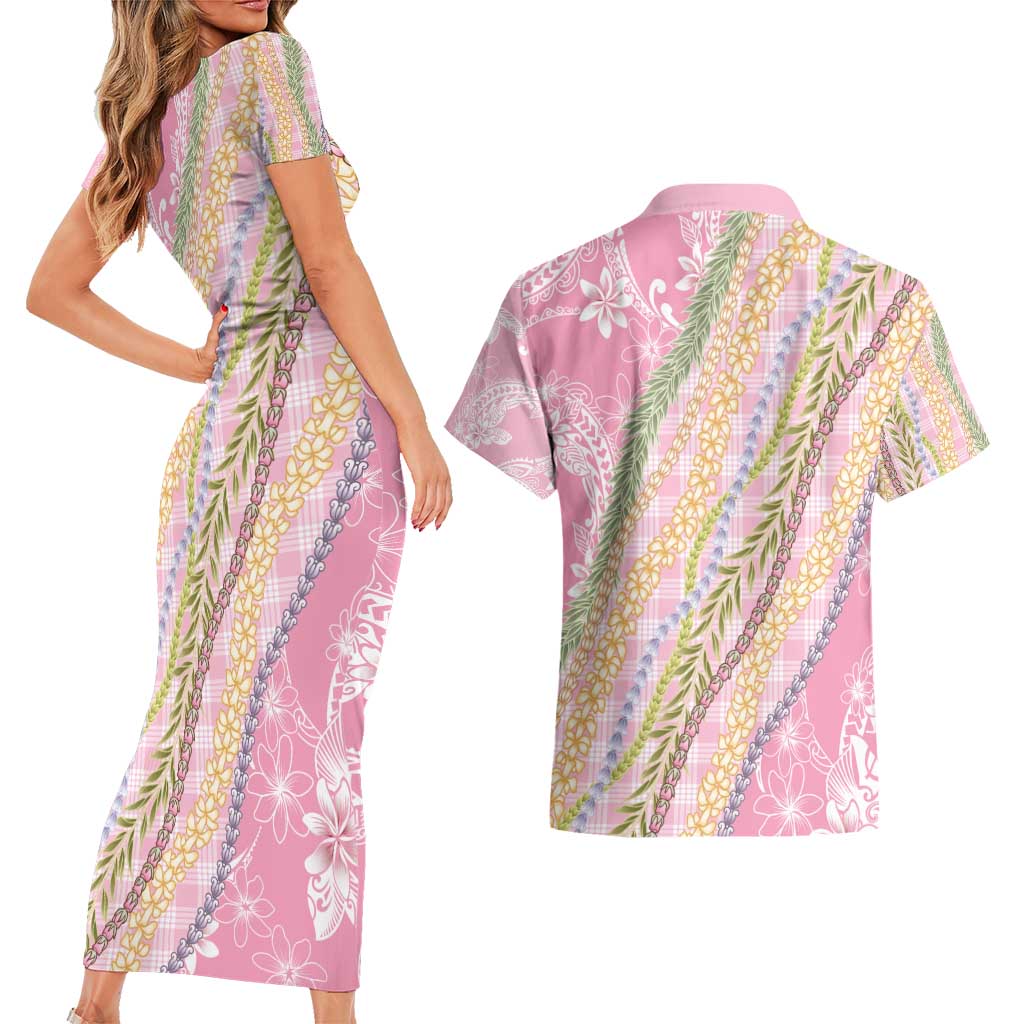 Pink Palaka Hawaii Leis Couples Matching Short Sleeve Bodycon Dress and Hawaiian Shirt Hawaiian-plaid Elegant Tropical Vibes - Polynesian Pride