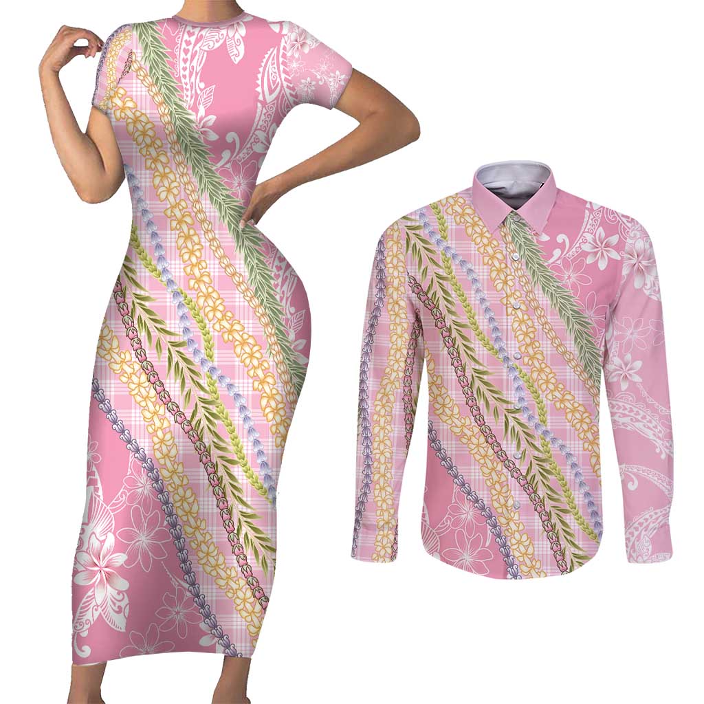 Pink Palaka Hawaii Leis Couples Matching Short Sleeve Bodycon Dress and Long Sleeve Button Shirt Hawaiian-plaid Elegant Tropical Vibes - Polynesian Pride