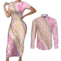 Pink Palaka Hawaii Leis Couples Matching Short Sleeve Bodycon Dress and Long Sleeve Button Shirt Hawaiian-plaid Elegant Tropical Vibes - Polynesian Pride
