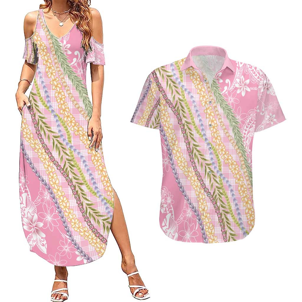 Pink Palaka Hawaii Leis Couples Matching Summer Maxi Dress and Hawaiian Shirt Hawaiian-plaid Elegant Tropical Vibes - Polynesian Pride