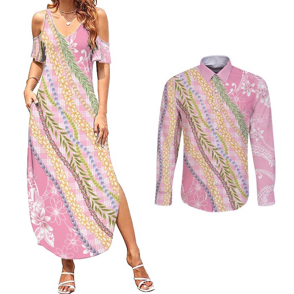 Pink Palaka Hawaii Leis Couples Matching Summer Maxi Dress and Long Sleeve Button Shirt Hawaiian-plaid Elegant Tropical Vibes - Polynesian Pride