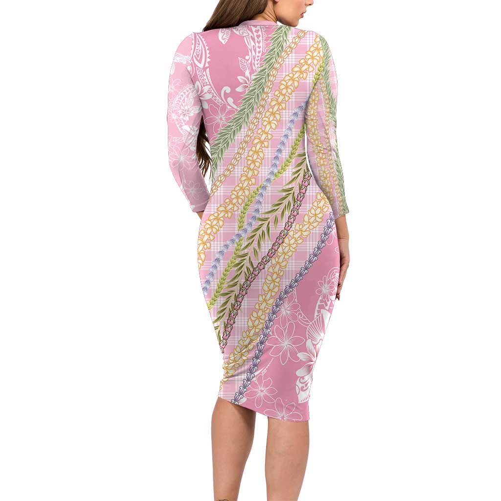 Pink Palaka Hawaii Leis Family Matching Long Sleeve Bodycon Dress and Hawaiian Shirt Hawaiian-plaid Elegant Tropical Vibes - Polynesian Pride