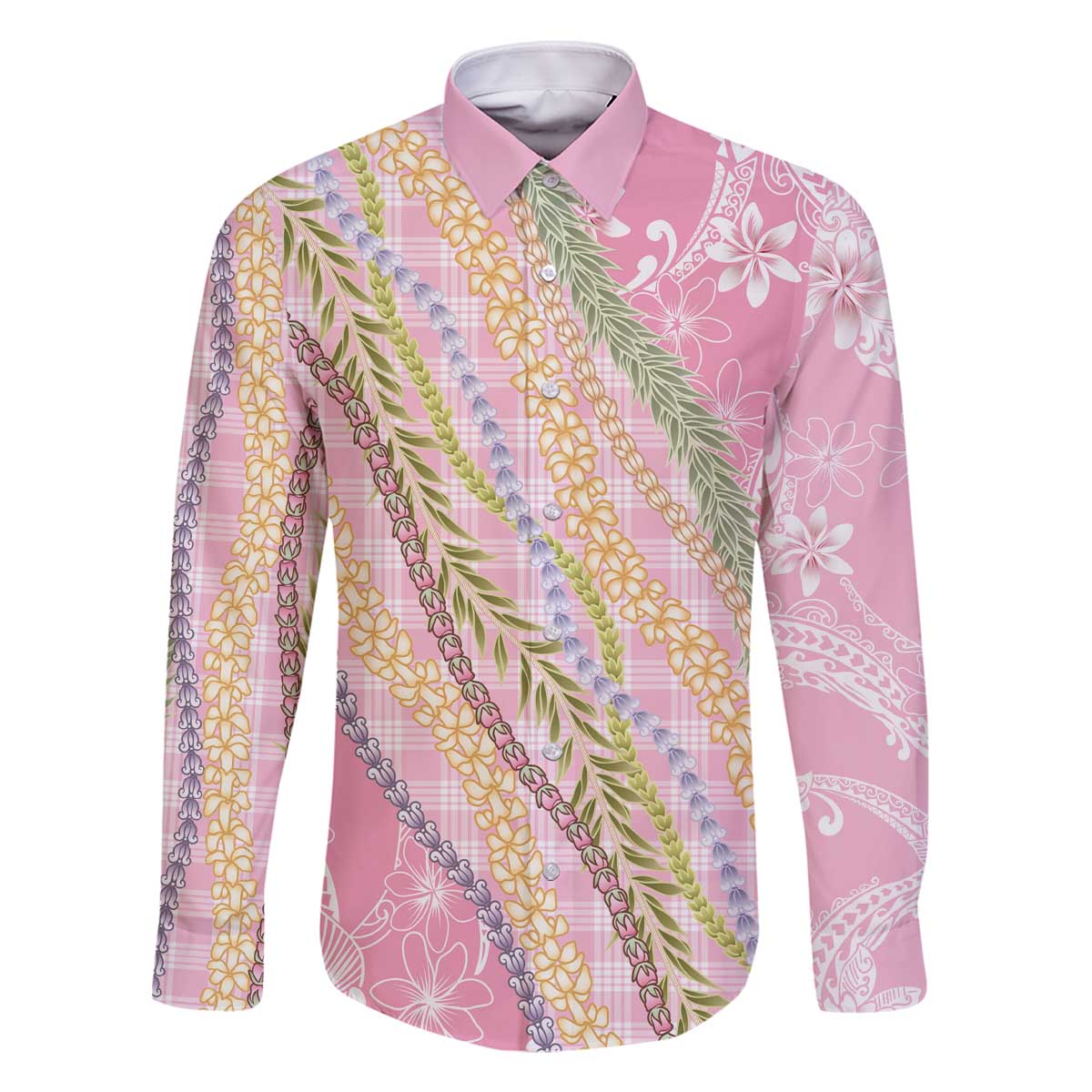Pink Palaka Hawaii Leis Family Matching Off The Shoulder Long Sleeve Dress and Hawaiian Shirt Hawaiian-plaid Elegant Tropical Vibes - Polynesian Pride