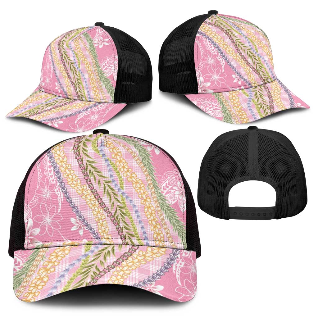 Pink Palaka Hawaii Leis Mesh Trucker Cap Hawaiian-plaid Elegant Tropical Vibes - Polynesian Pride