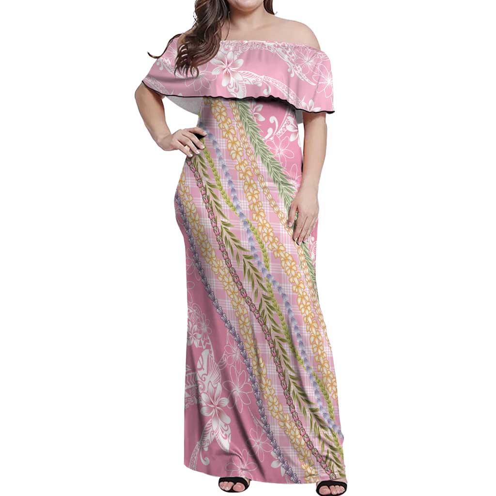 Pink Palaka Hawaii Leis Off Shoulder Maxi Dress Hawaiian-plaid Elegant Tropical Vibes - Polynesian Pride