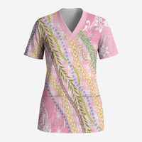 Pink Palaka Hawaii Leis Scrub Top Hawaiian-plaid Elegant Tropical Vibes - Polynesian Pride