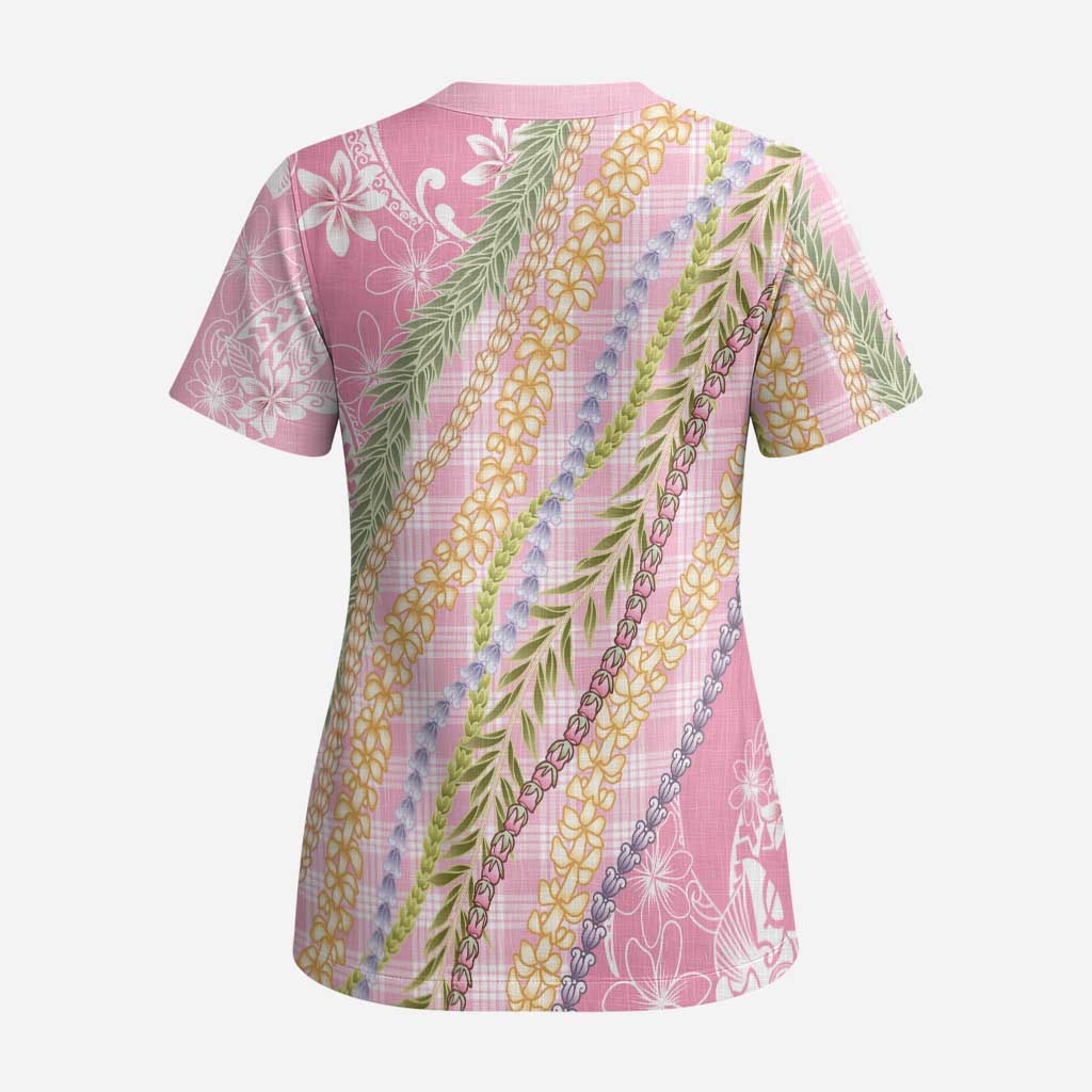 Pink Palaka Hawaii Leis Scrub Top Hawaiian-plaid Elegant Tropical Vibes - Polynesian Pride