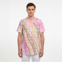 Pink Palaka Hawaii Leis Scrub Top Hawaiian-plaid Elegant Tropical Vibes - Polynesian Pride
