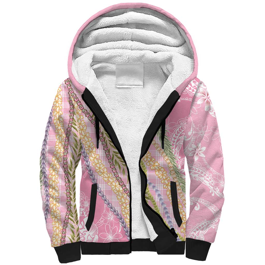 Pink Palaka Hawaii Leis Sherpa Hoodie Hawaiian-plaid Elegant Tropical Vibes - Polynesian Pride