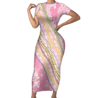 Pink Palaka Hawaii Leis Short Sleeve Bodycon Dress Hawaiian-plaid Elegant Tropical Vibes - Polynesian Pride