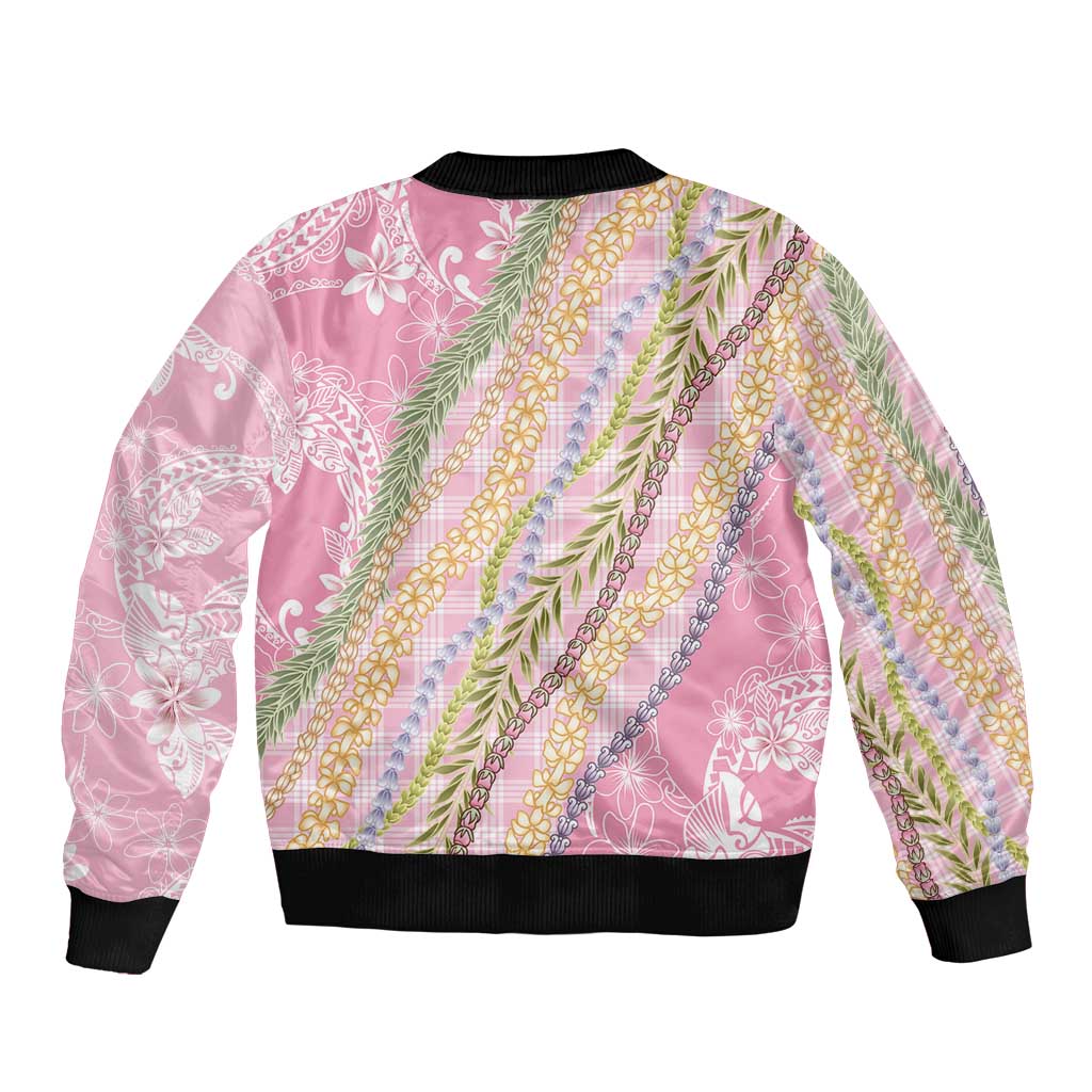 Pink Palaka Hawaii Leis Sleeve Zip Bomber Jacket Hawaiian-plaid Elegant Tropical Vibes - Polynesian Pride