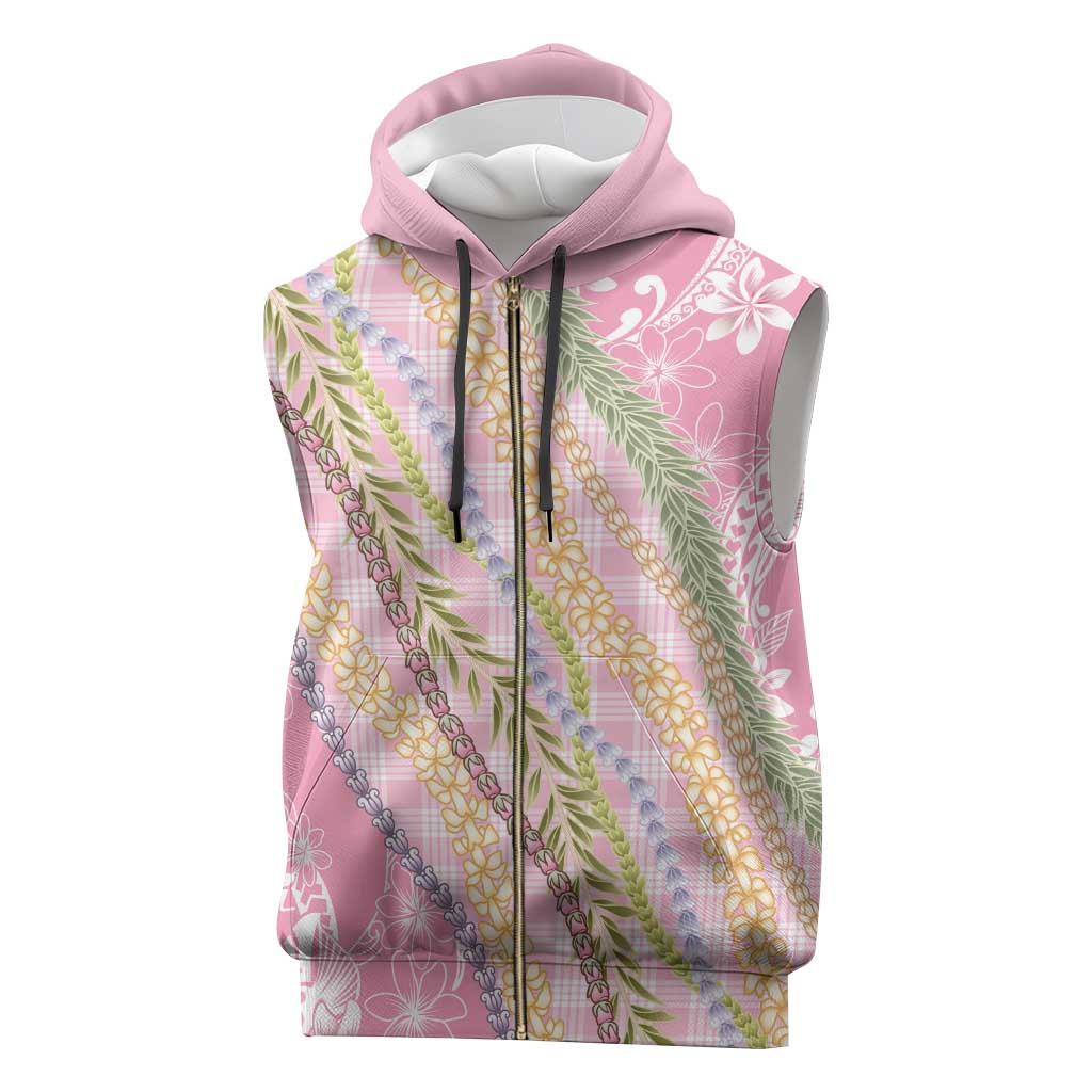 Pink Palaka Hawaii Leis Sleeveless Zip Hoodie Hawaiian-plaid Elegant Tropical Vibes - Polynesian Pride