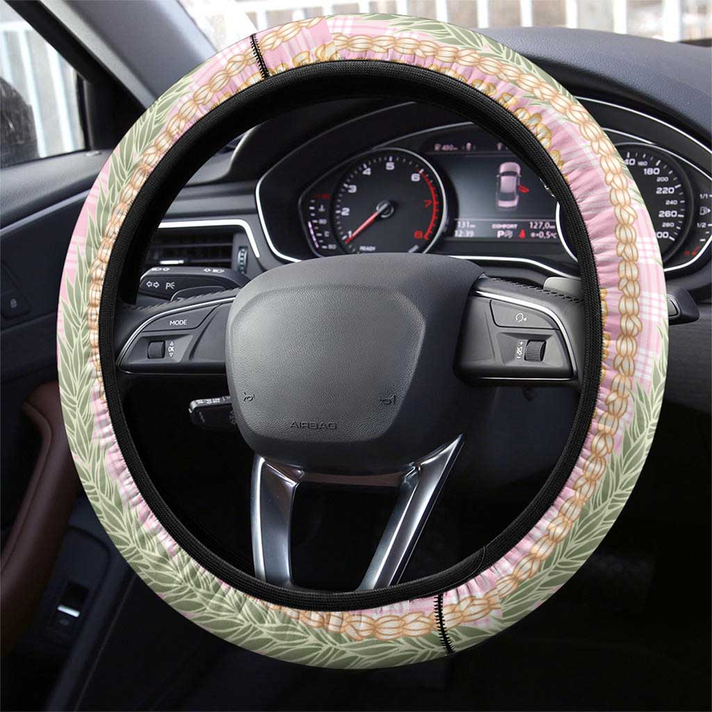 Pink Palaka Hawaii Leis Steering Wheel Cover Hawaiian-plaid Elegant Tropical Vibes - Polynesian Pride