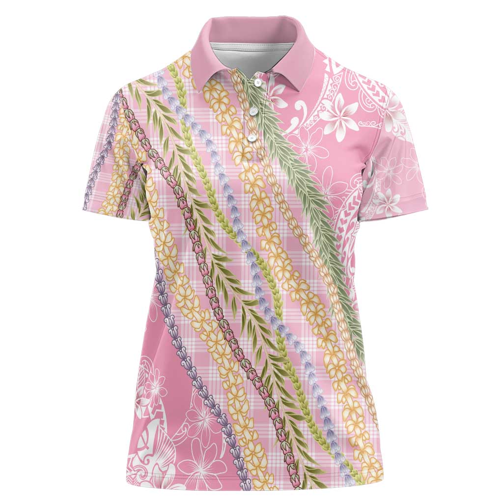 Pink Palaka Hawaii Leis Women Polo Shirt Hawaiian-plaid Elegant Tropical Vibes - Polynesian Pride