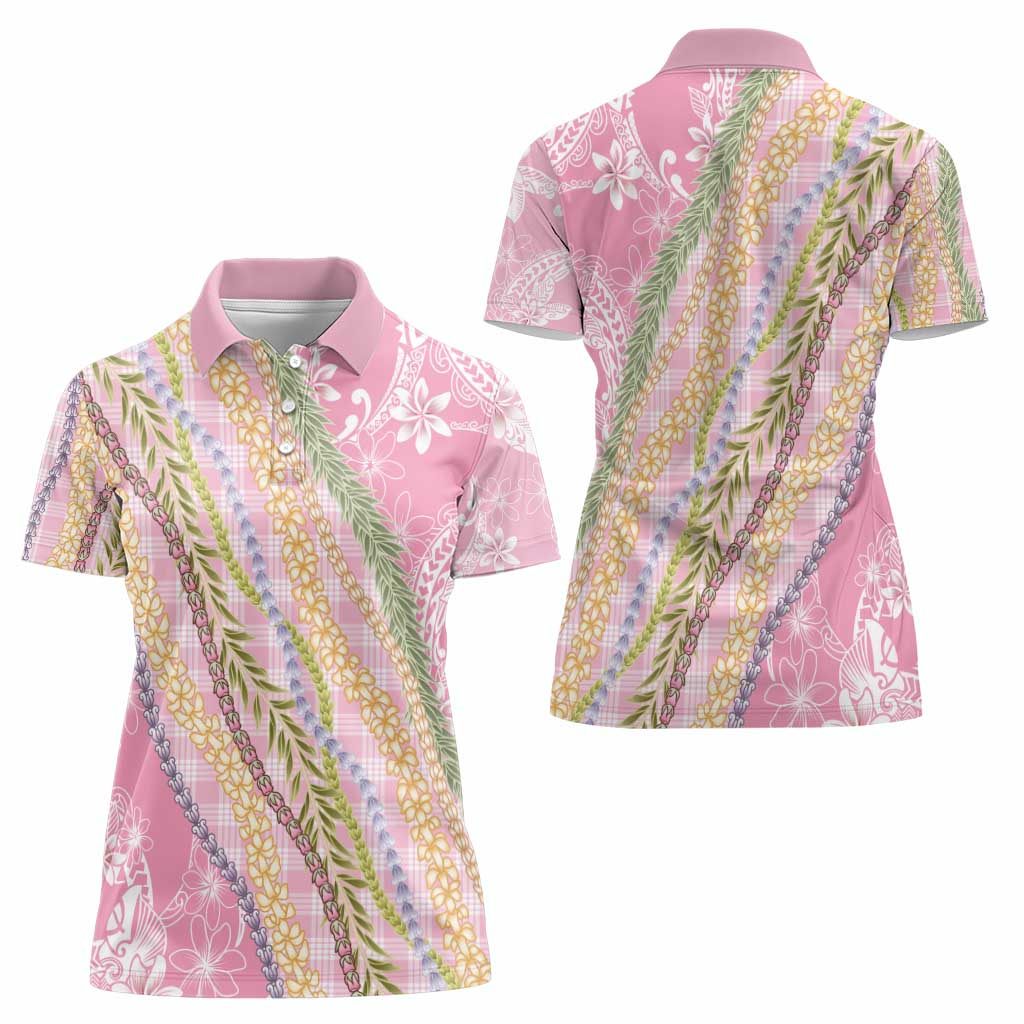 Pink Palaka Hawaii Leis Women Polo Shirt Hawaiian-plaid Elegant Tropical Vibes - Polynesian Pride