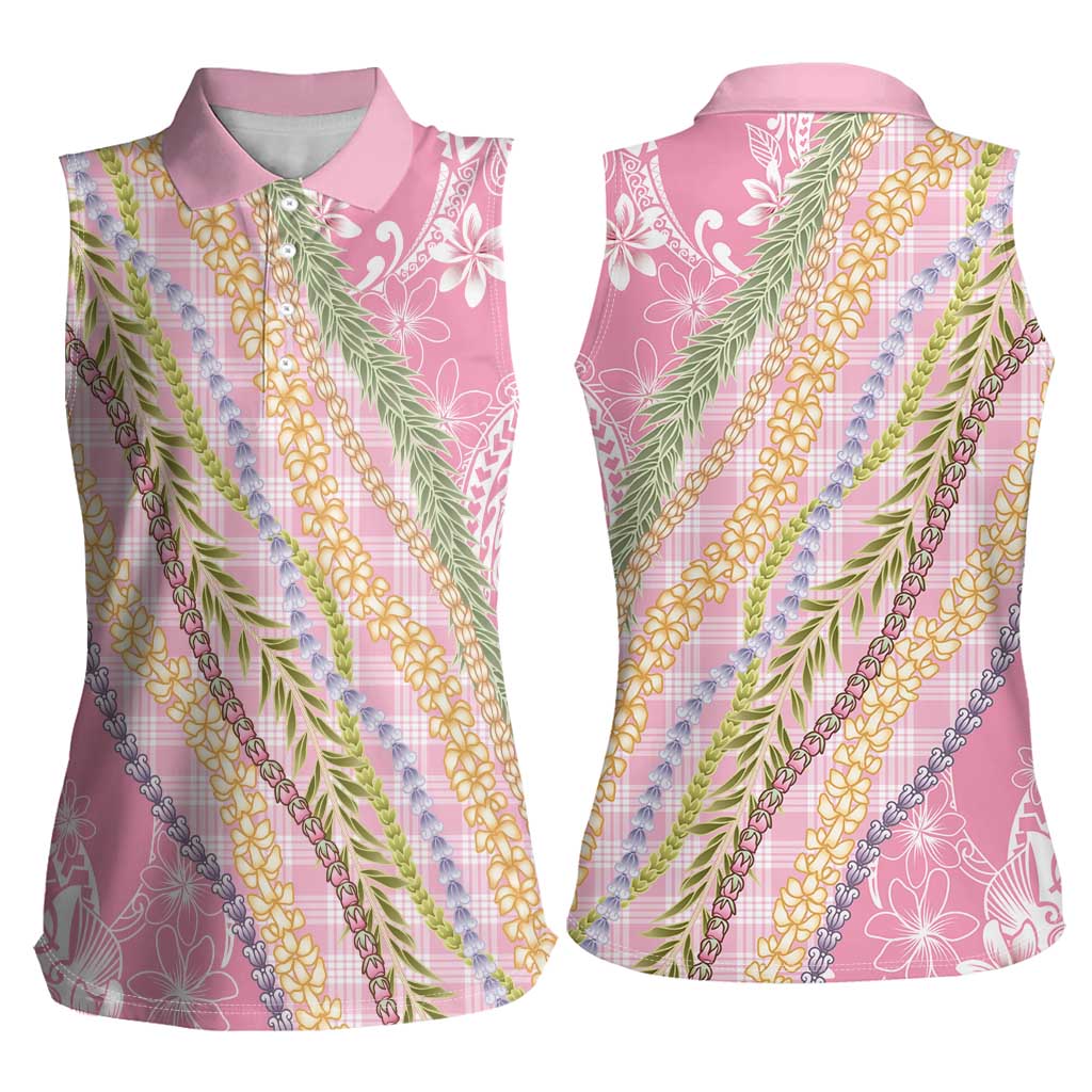 Pink Palaka Hawaii Leis Women Sleeveless Polo Shirt Hawaiian-plaid Elegant Tropical Vibes - Polynesian Pride