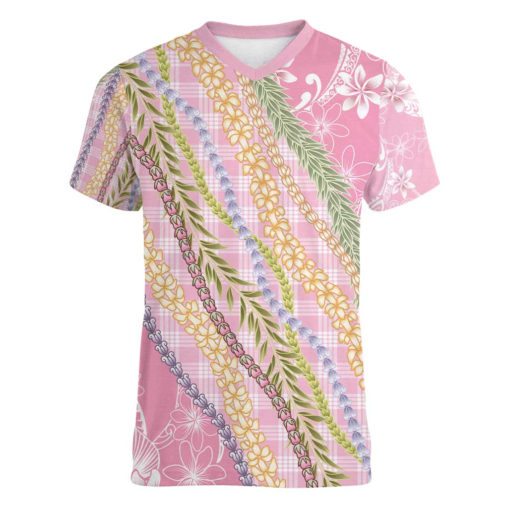 Pink Palaka Hawaii Leis Women V-Neck T-Shirt Hawaiian-plaid Elegant Tropical Vibes - Polynesian Pride