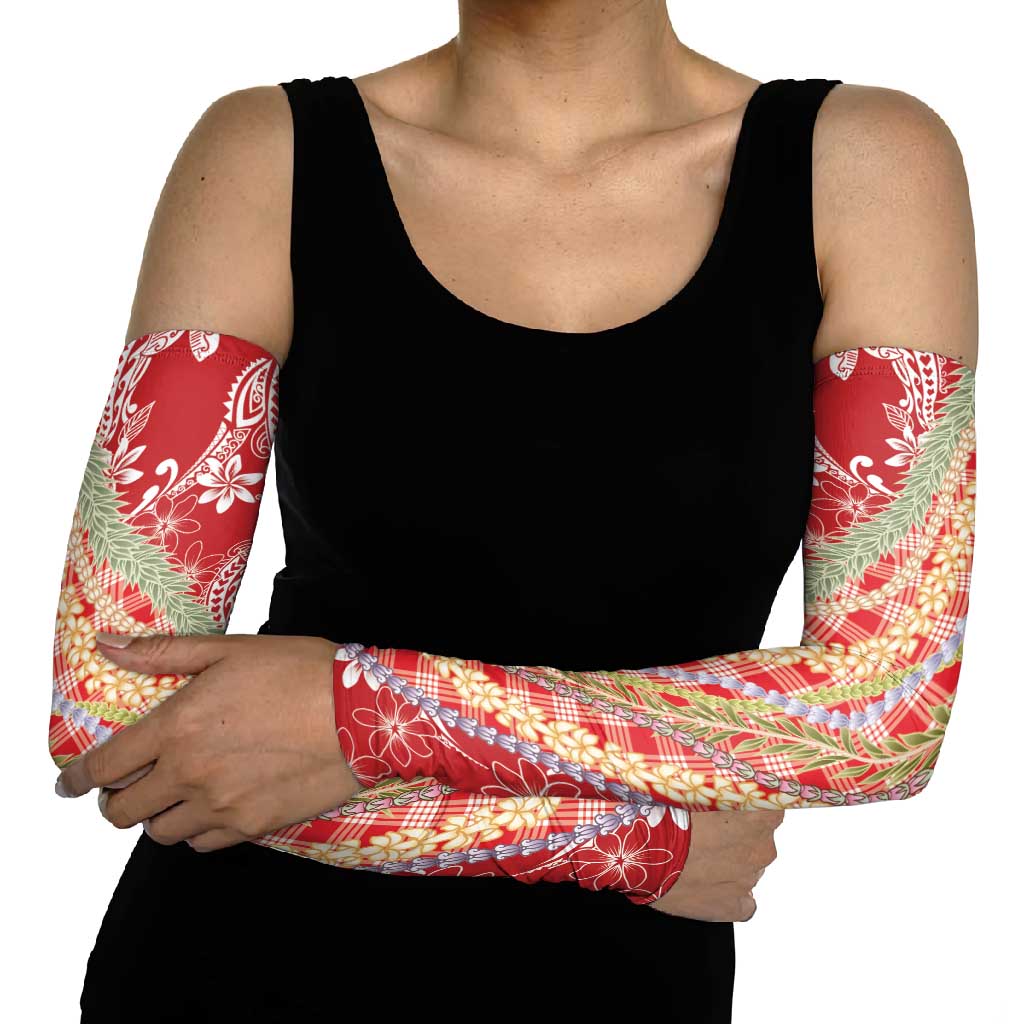 Red Palaka Hawaii Leis Arm Sleeves Hawaiian-plaid Elegant Tropical Vibes - Polynesian Pride