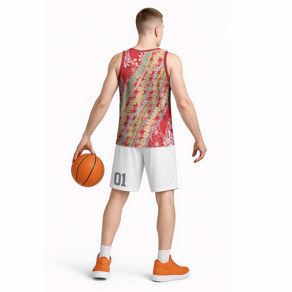Red Palaka Hawaii Leis Basketball Jersey Hawaiian-plaid Elegant Tropical Vibes - Polynesian Pride
