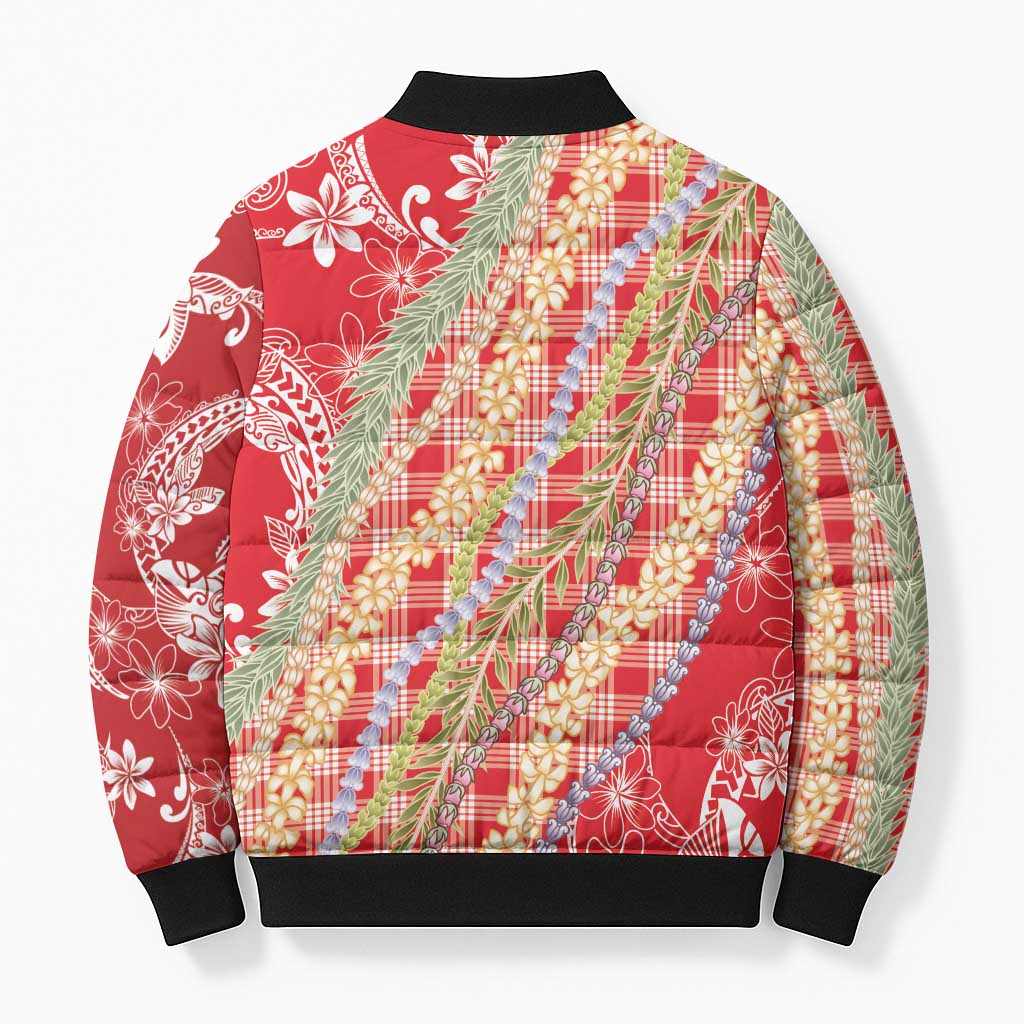 Red Palaka Hawaii Leis Bomber Puffer Jacket Hawaiian-plaid Elegant Tropical Vibes - Polynesian Pride