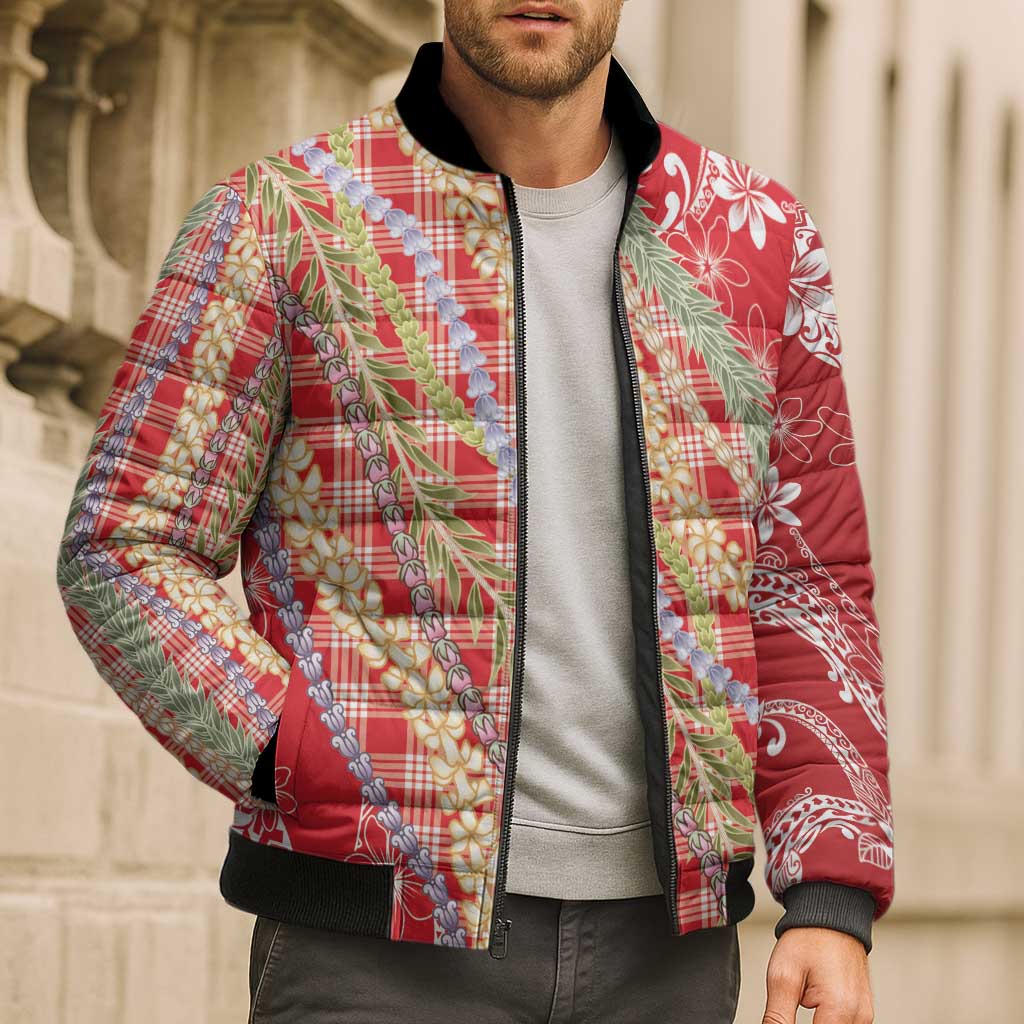 Red Palaka Hawaii Leis Bomber Puffer Jacket Hawaiian-plaid Elegant Tropical Vibes - Polynesian Pride