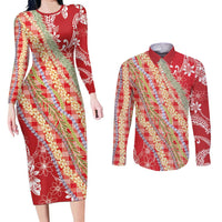 Red Palaka Hawaii Leis Couples Matching Long Sleeve Bodycon Dress and Long Sleeve Button Shirt Hawaiian-plaid Elegant Tropical Vibes - Polynesian Pride