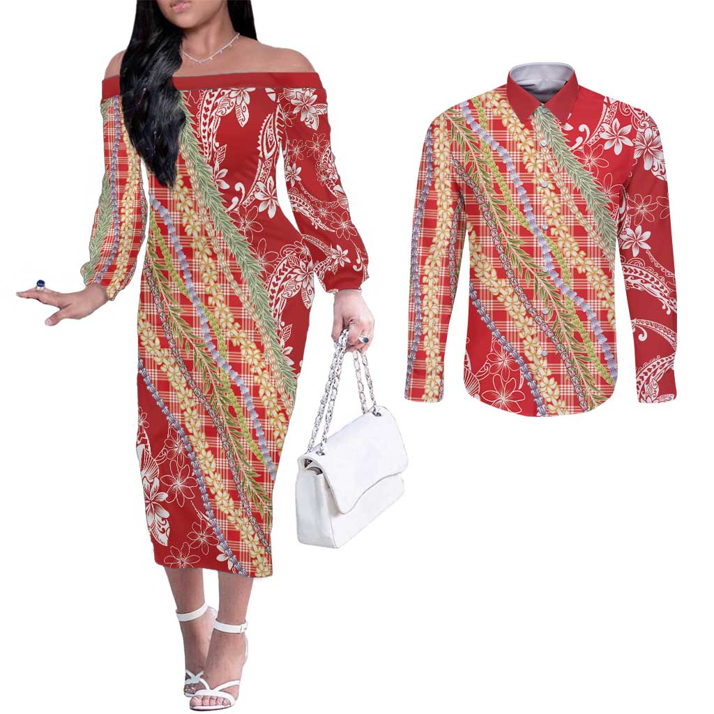 Red Palaka Hawaii Leis Couples Matching Off The Shoulder Long Sleeve Dress and Long Sleeve Button Shirt Hawaiian-plaid Elegant Tropical Vibes - Polynesian Pride