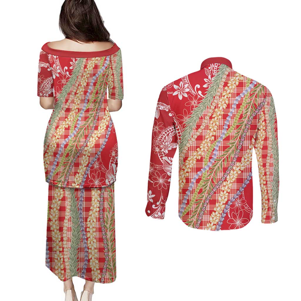 Red Palaka Hawaii Leis Couples Matching Puletasi and Long Sleeve Button Shirt Hawaiian-plaid Elegant Tropical Vibes - Polynesian Pride
