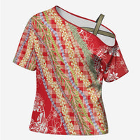 Red Palaka Hawaii Leis Cross Shoulder Shirt Hawaiian-plaid Elegant Tropical Vibes - Polynesian Pride