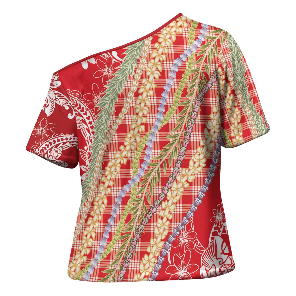Red Palaka Hawaii Leis Cross Shoulder Shirt Hawaiian-plaid Elegant Tropical Vibes - Polynesian Pride