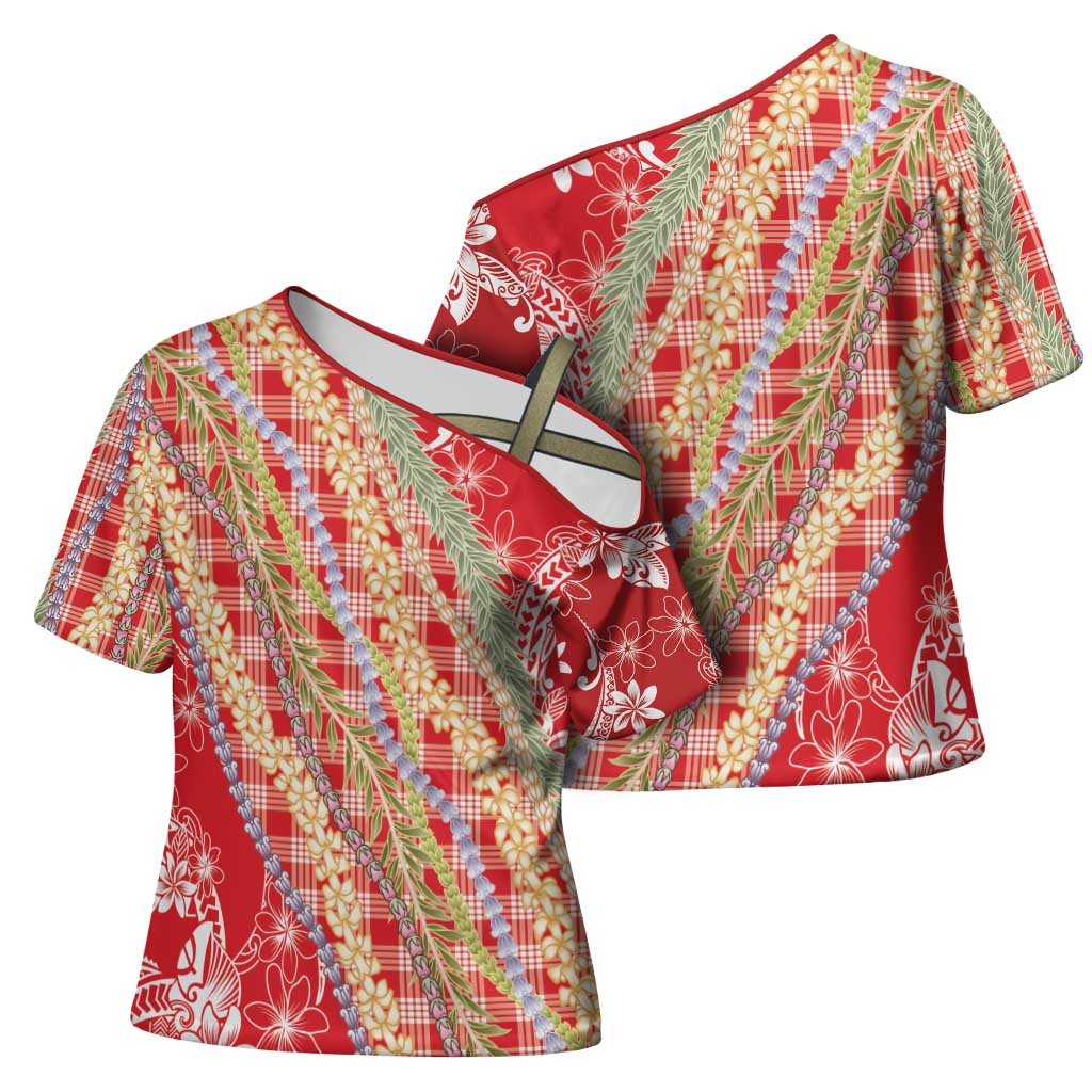Red Palaka Hawaii Leis Cross Shoulder Shirt Hawaiian-plaid Elegant Tropical Vibes - Polynesian Pride