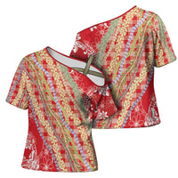 Red Palaka Hawaii Leis Cross Shoulder Shirt Hawaiian-plaid Elegant Tropical Vibes - Polynesian Pride