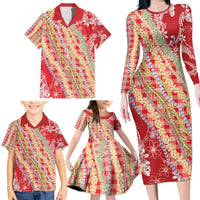 Red Palaka Hawaii Leis Family Matching Long Sleeve Bodycon Dress and Hawaiian Shirt Hawaiian-plaid Elegant Tropical Vibes - Polynesian Pride