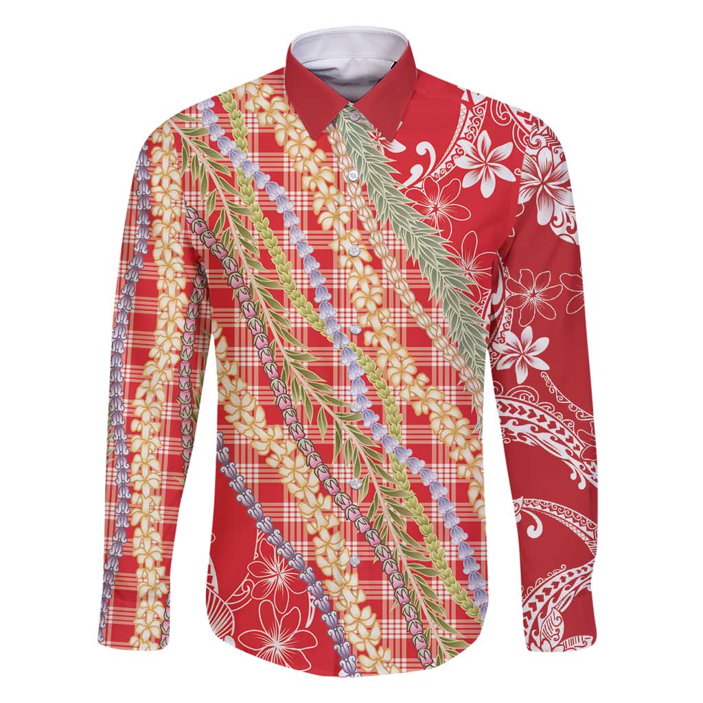 Red Palaka Hawaii Leis Family Matching Long Sleeve Bodycon Dress and Hawaiian Shirt Hawaiian-plaid Elegant Tropical Vibes - Polynesian Pride