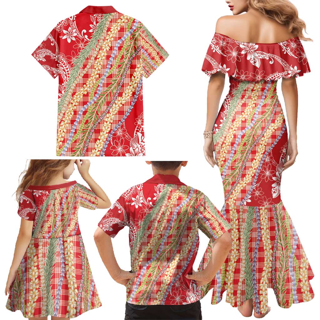 Red Palaka Hawaii Leis Family Matching Mermaid Dress and Hawaiian Shirt Hawaiian-plaid Elegant Tropical Vibes - Polynesian Pride