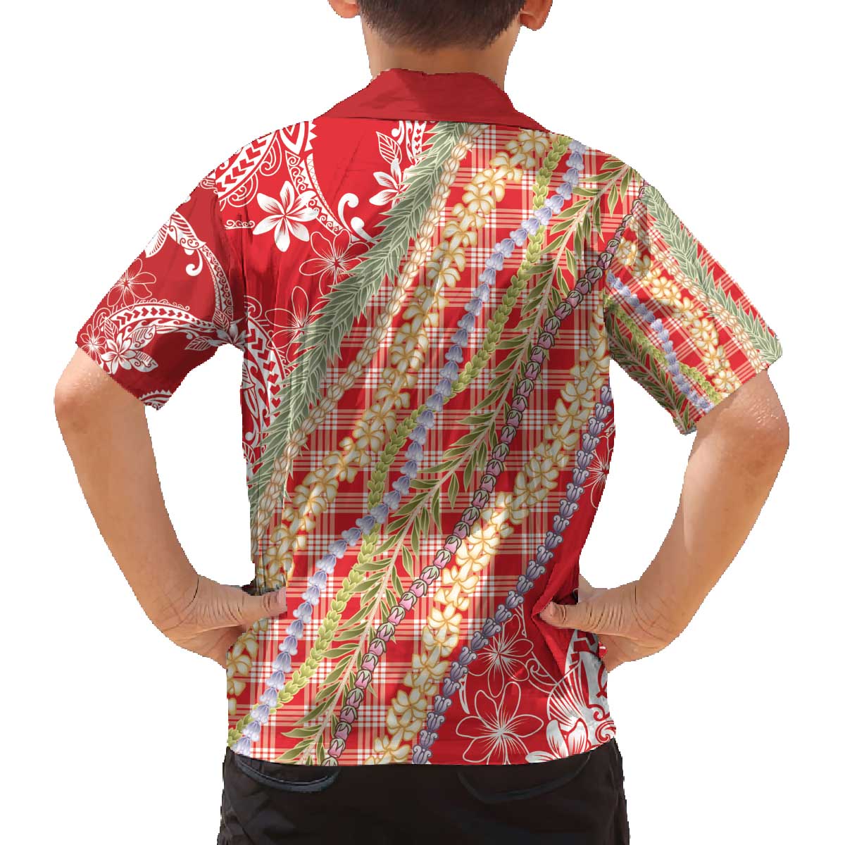 Red Palaka Hawaii Leis Family Matching Off The Shoulder Long Sleeve Dress and Hawaiian Shirt Hawaiian-plaid Elegant Tropical Vibes - Polynesian Pride