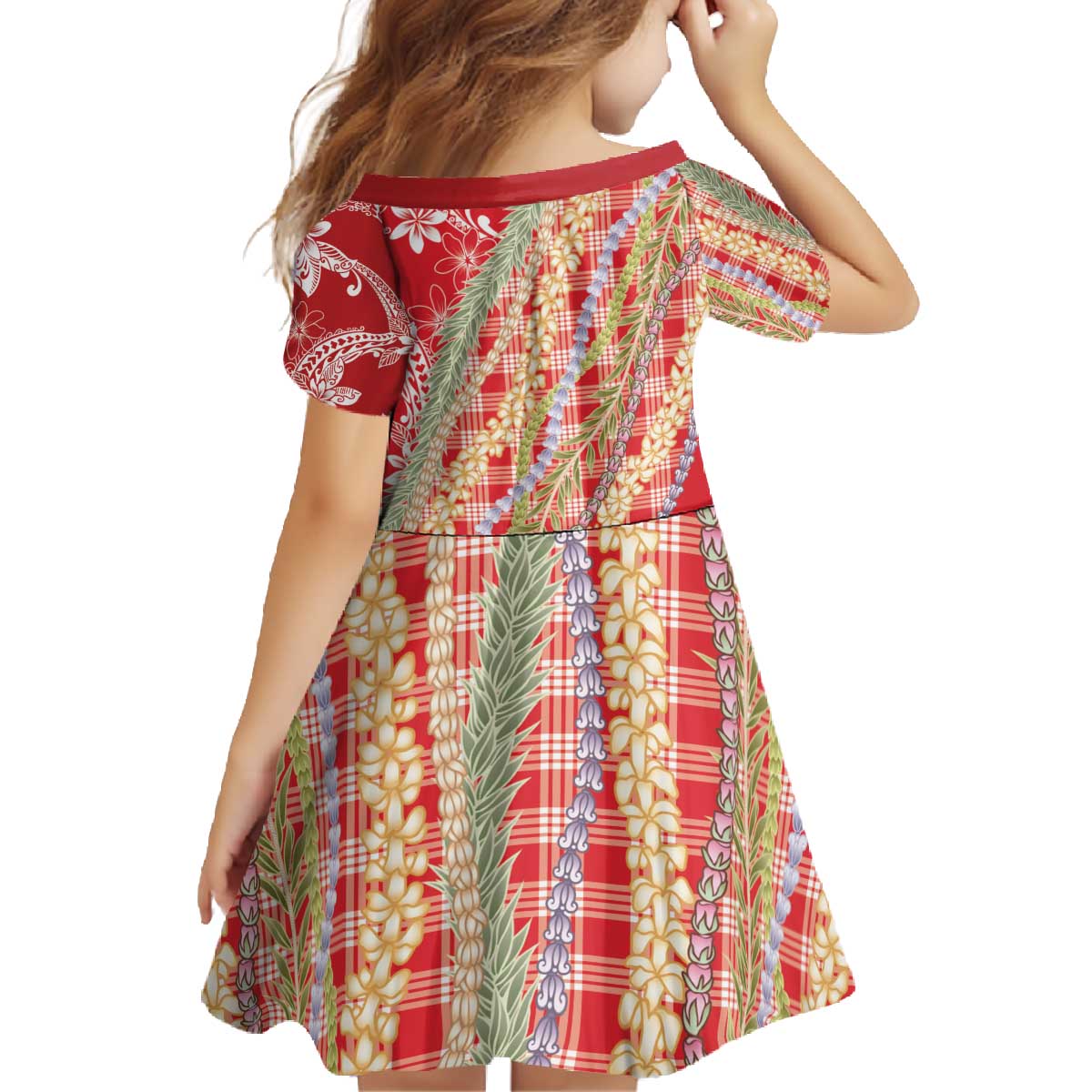 Red Palaka Hawaii Leis Family Matching Off The Shoulder Long Sleeve Dress and Hawaiian Shirt Hawaiian-plaid Elegant Tropical Vibes - Polynesian Pride