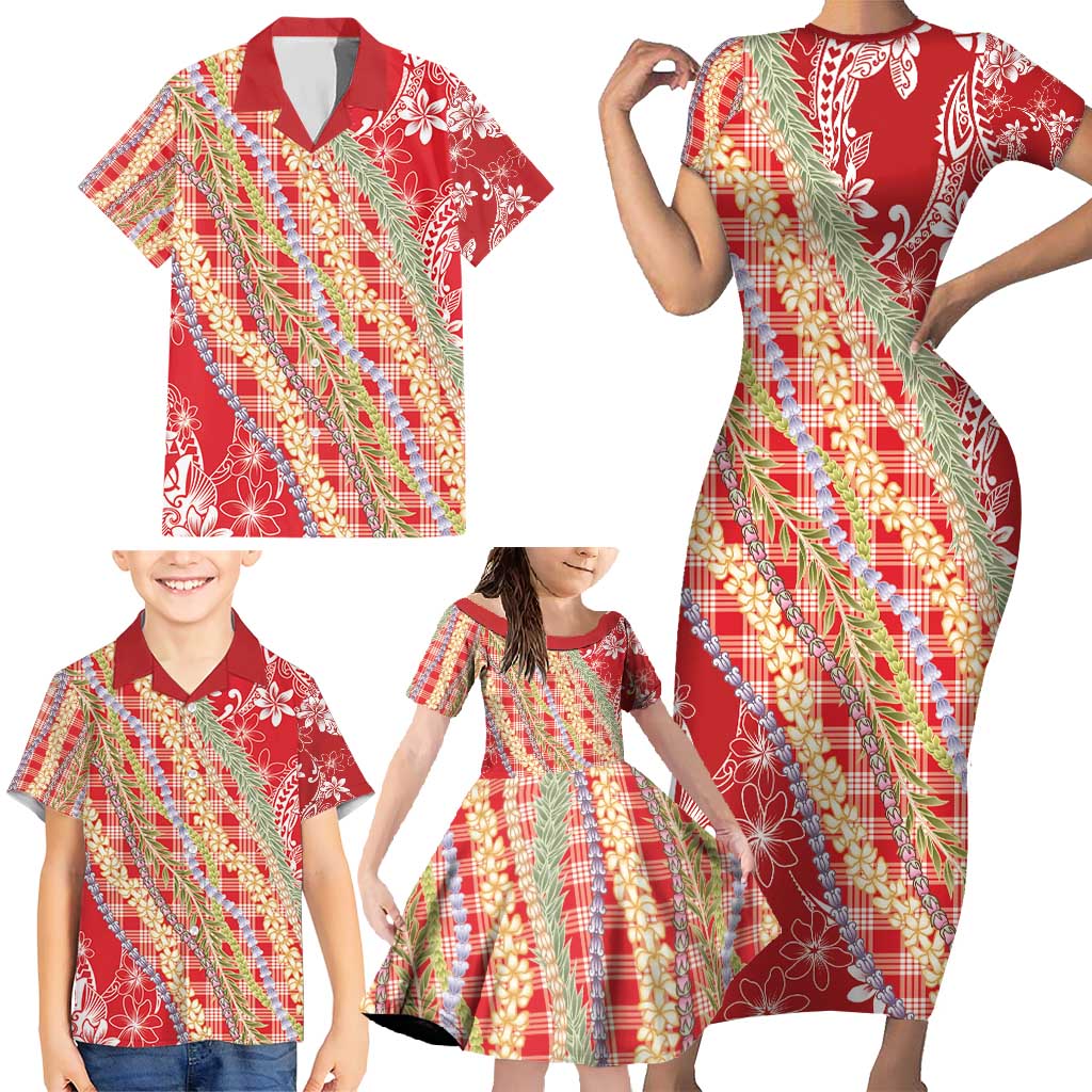 Red Palaka Hawaii Leis Family Matching Short Sleeve Bodycon Dress and Hawaiian Shirt Hawaiian-plaid Elegant Tropical Vibes - Polynesian Pride